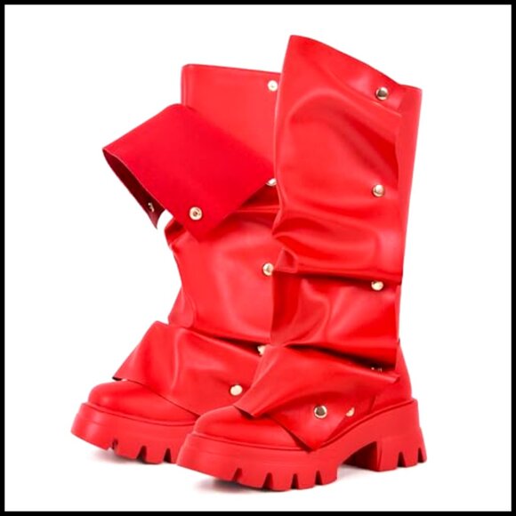 Platform Slouchy Fold Over Boots Mid Calf Block Heel Western Pull On Fashion - Picture 4 of 7